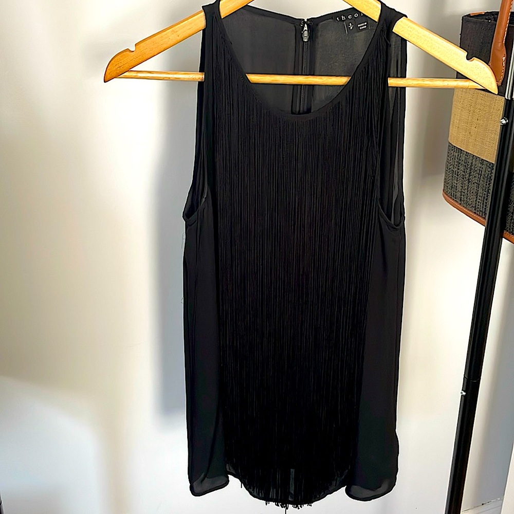 Theory Black Fringe Sleeveless Blouse Top in Size Small.